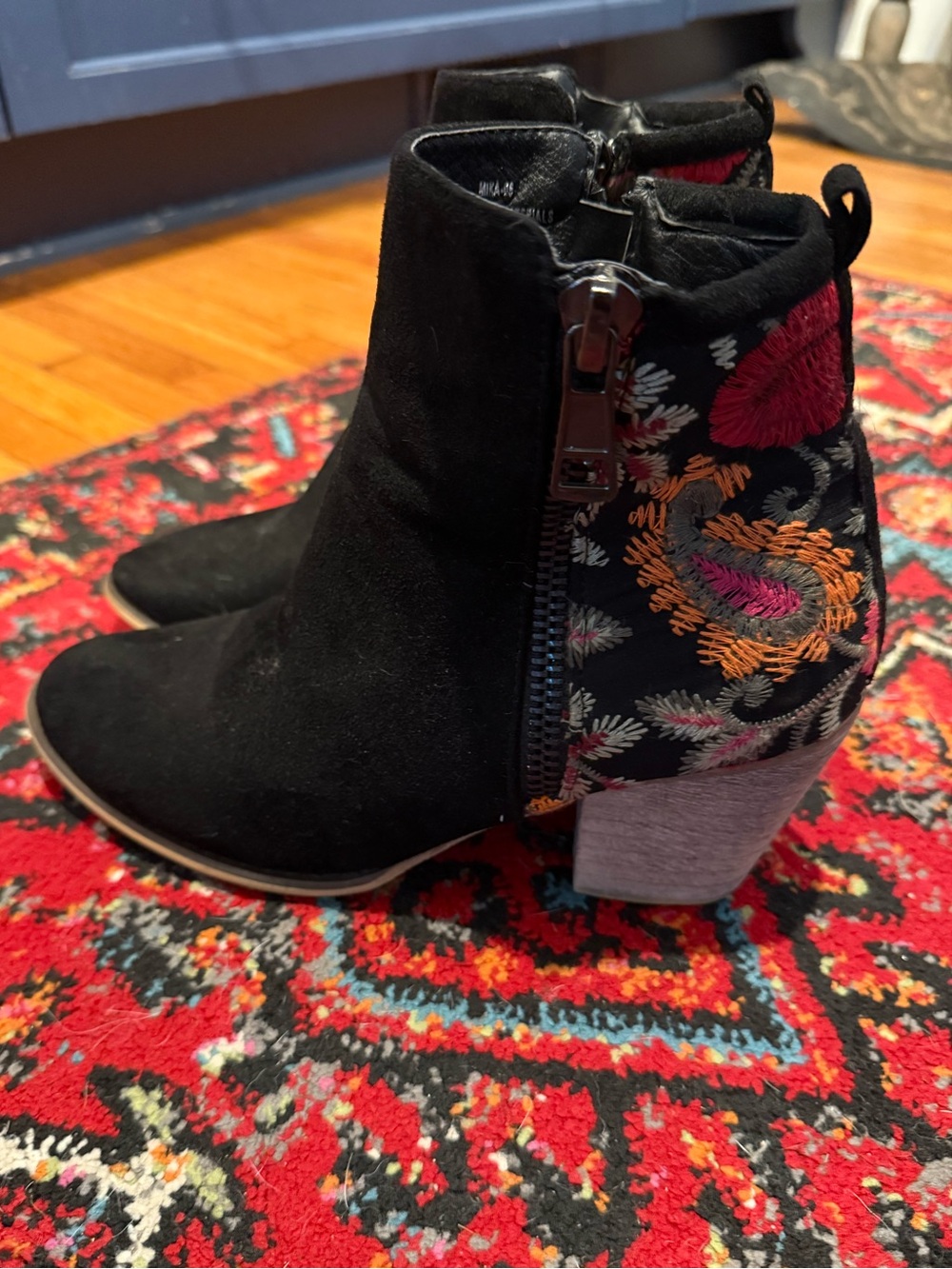 Black Suede Embroidered Heel Ankle Booties